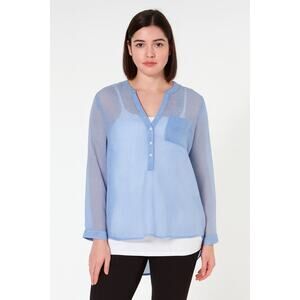 Como Black Women’s Size L Sheer Light Blue Check Blouse Long Sleeve V-Neck